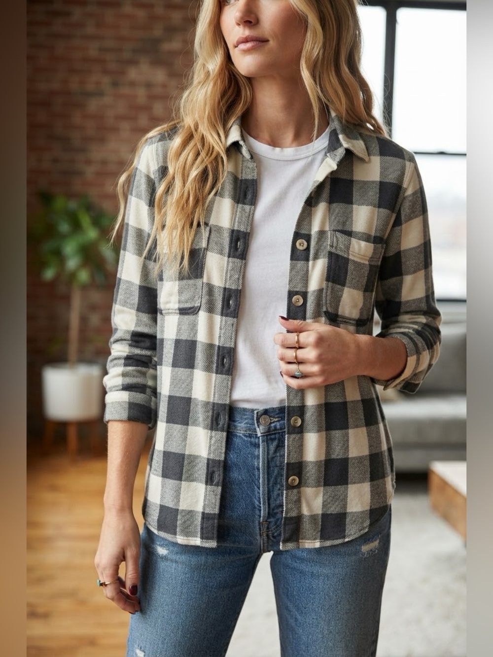 Classic Black & Cream Plaid Shirt Jacket